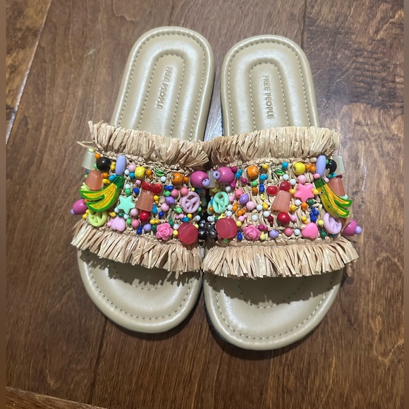 Free People Shoes - Free People Shipwrecked Multicolor Beaded Raffia Slide Sandals